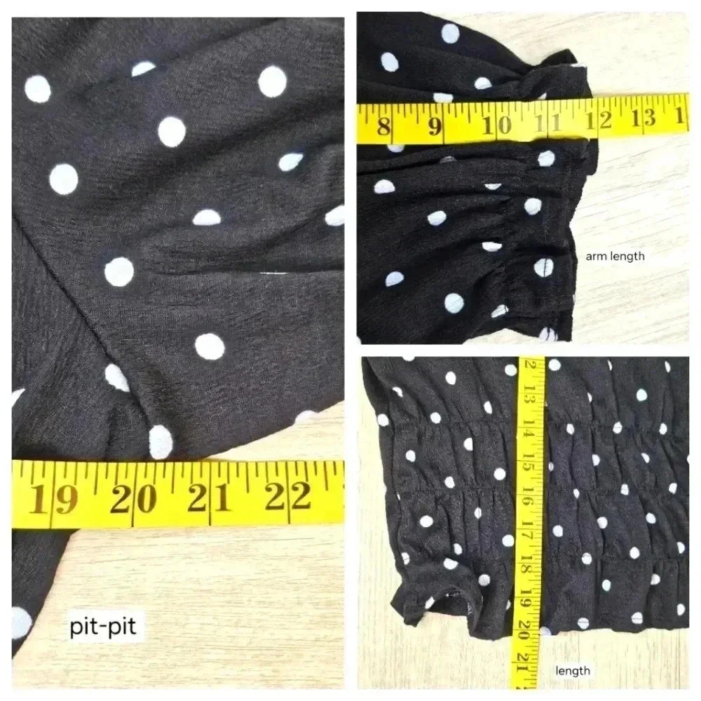 Who What Wear Blouse Black Size Large Polka Dot Puff Sleeve Smocked Casual - Picture 9 of 11
